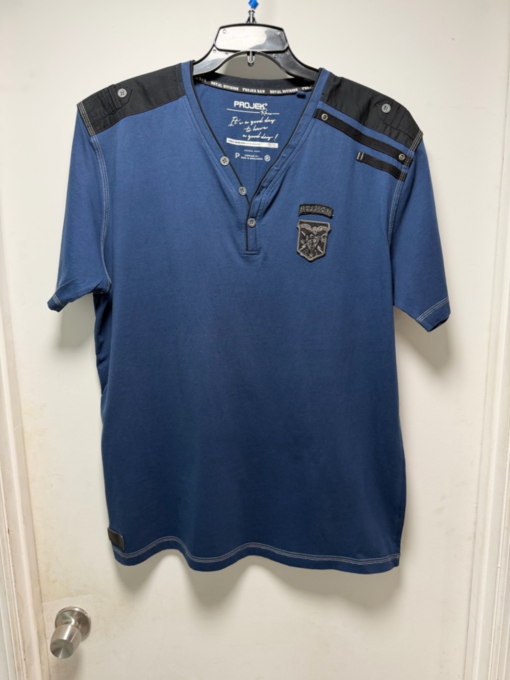 Navy Short-Sleeve Henley with Black Shoulder Panels
